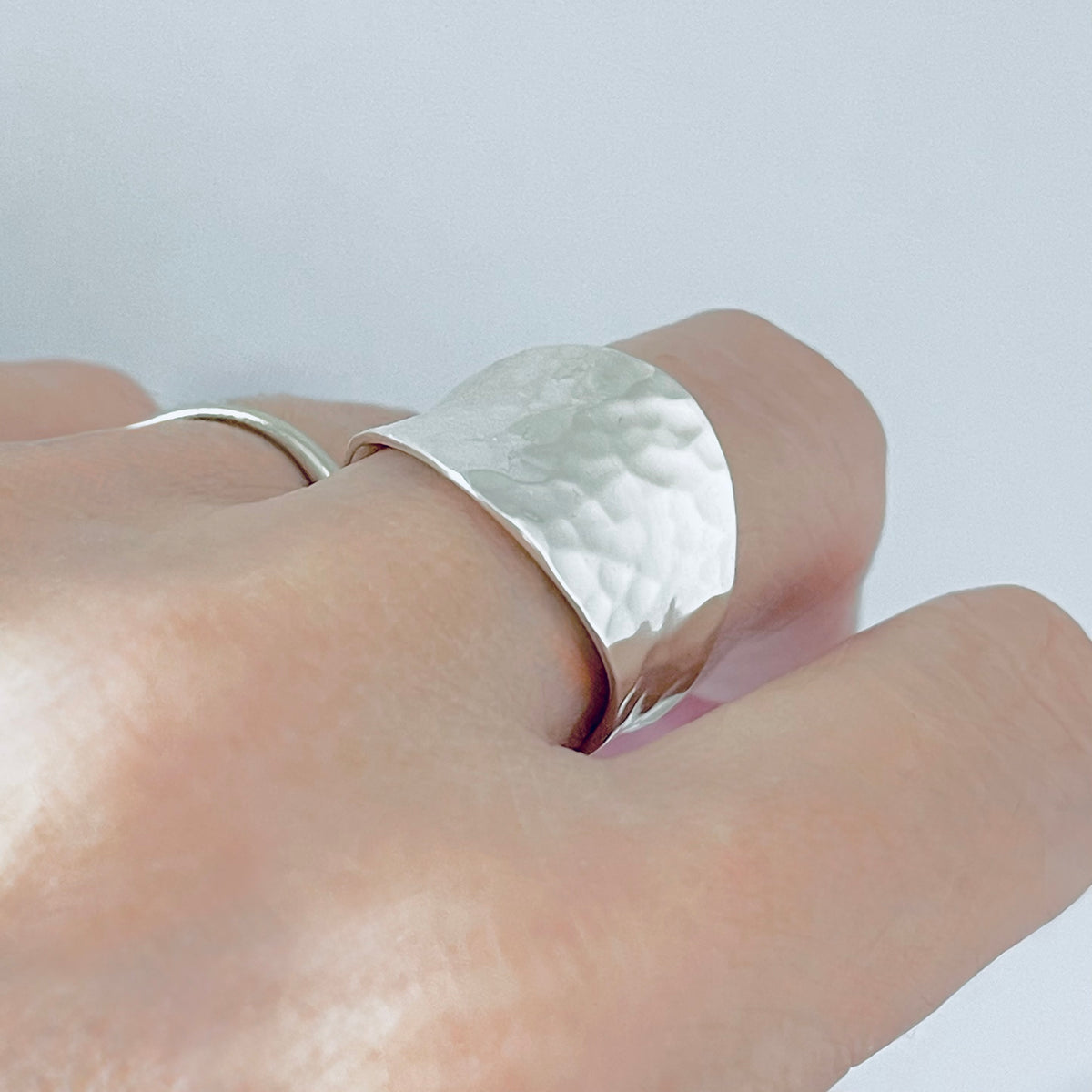 925 Sterling Silver Hammered Concave Ring | Statement Boho Wide Silver Rings