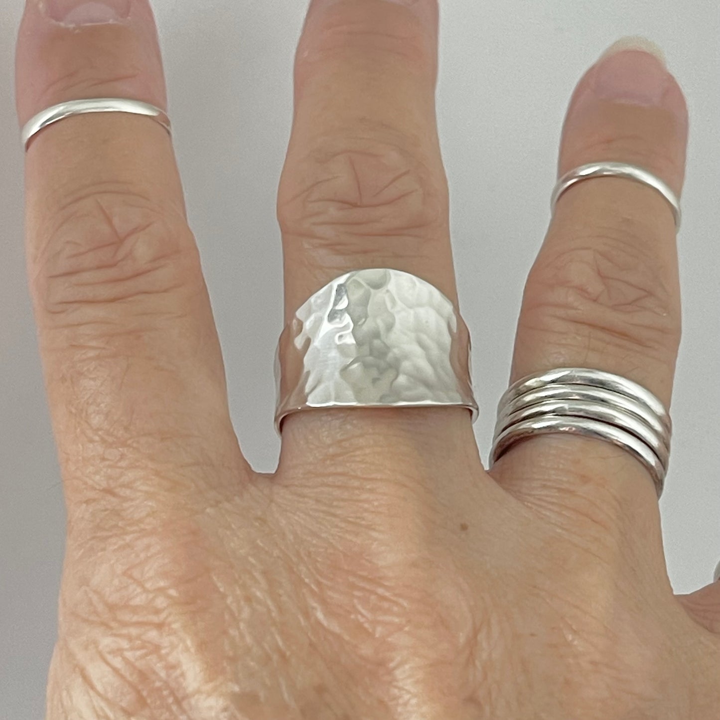 Sterling Silver Hammered Concave Ring, Boho Statement Silver Ring