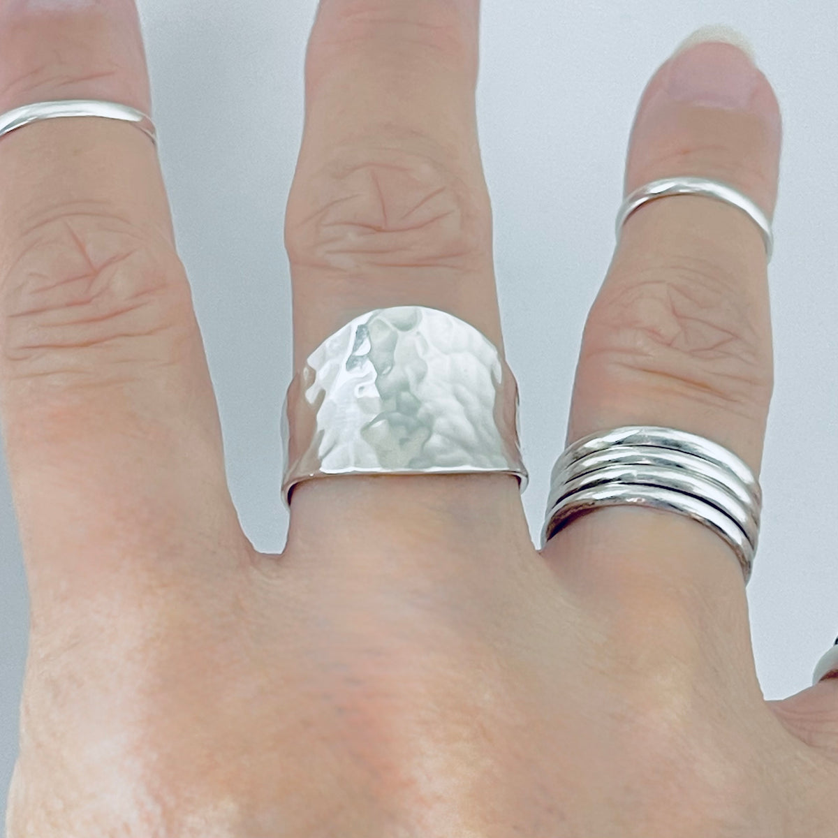 925 Sterling Silver Hammered Concave Ring | Statement Boho Wide Silver Rings