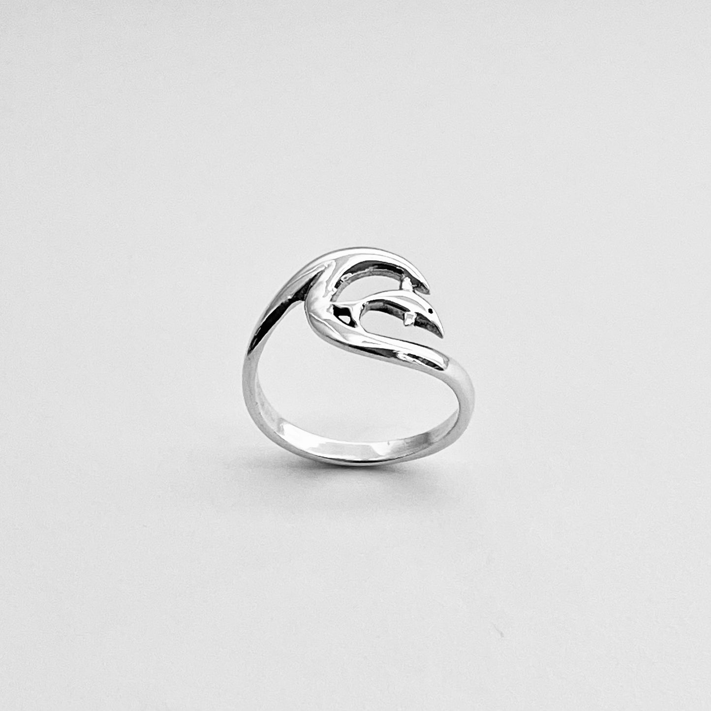 Sterling Silver Dolphin with Wave Ring, Animal Ring, Ocean Silver Rings, Fish Ring