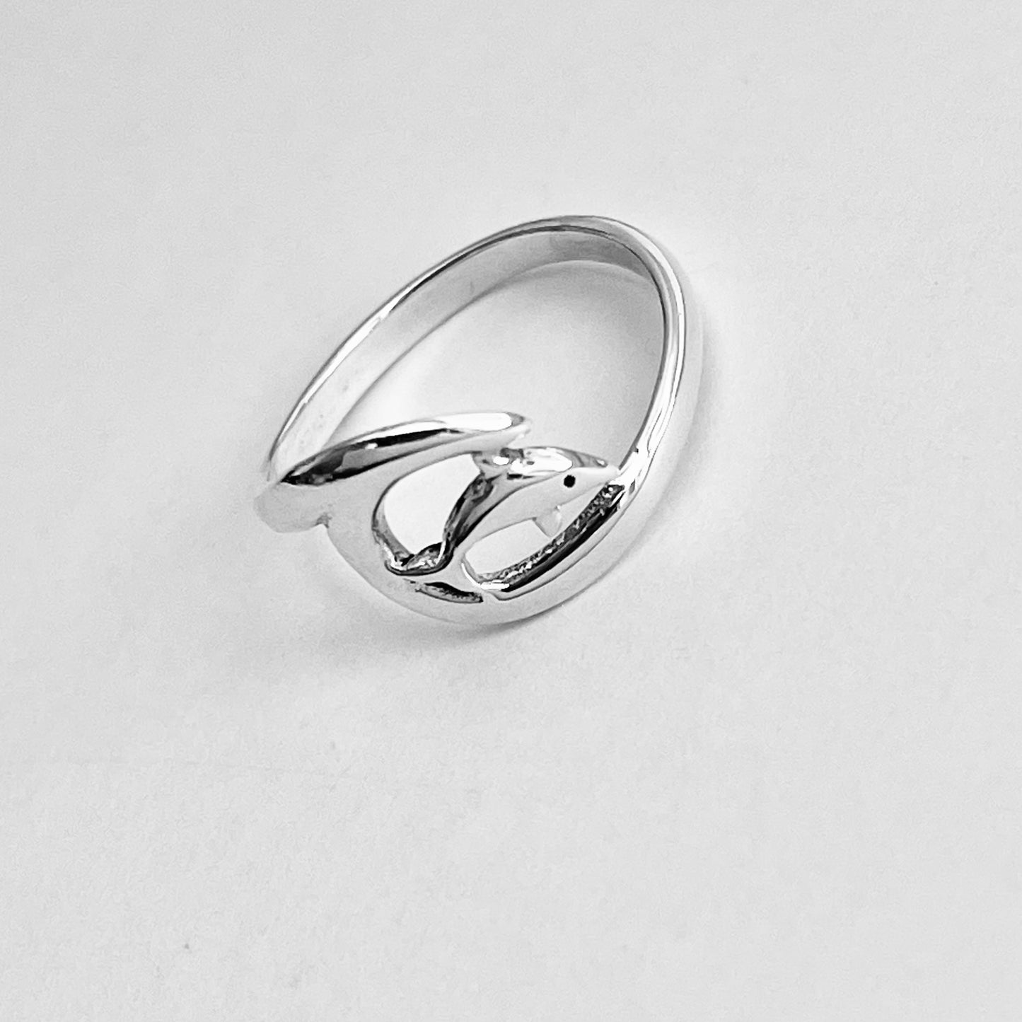 Sterling Silver Dolphin with Wave Ring, Animal Ring, Ocean Silver Rings, Fish Ring