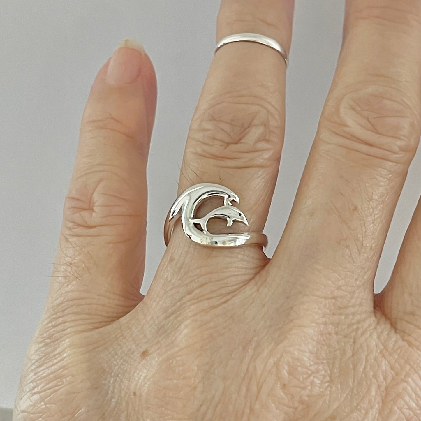 Sterling Silver Dolphin with Wave Ring, Animal Ring, Ocean Silver Rings, Fish Ring