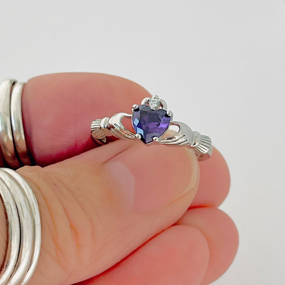 925 Sterling Silver Amethyst CZ Heart Irish Claddagh Ring | February Birthstone Silver Rings