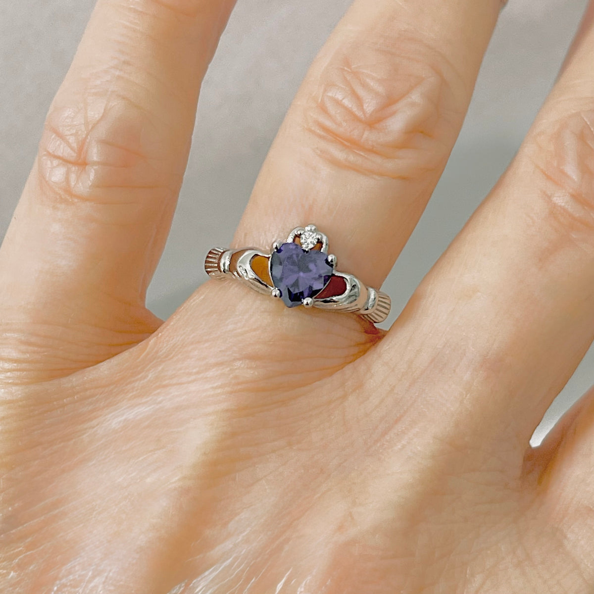 925 Sterling Silver Amethyst CZ Heart Irish Claddagh Ring | February Birthstone Silver Rings