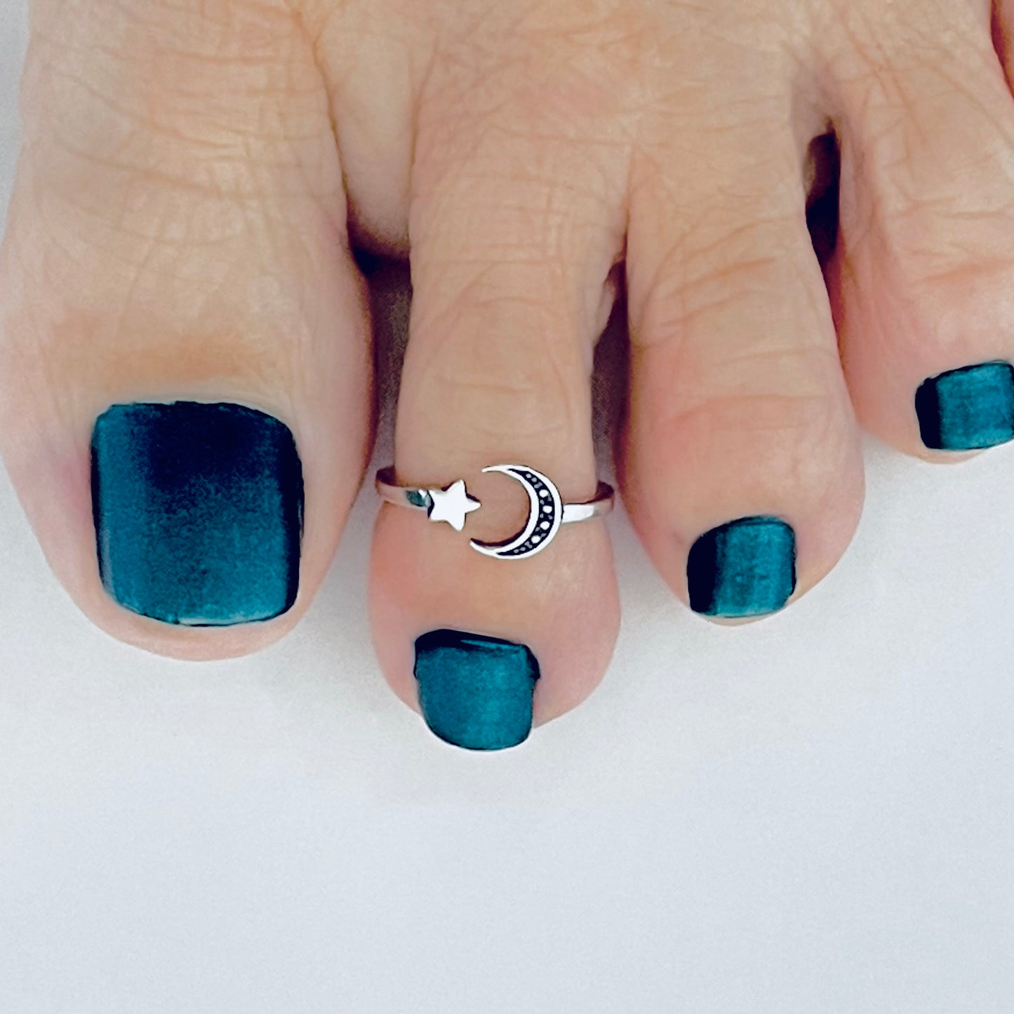 925 Sterling Silver Crescent Moon and Star Toe Ring | Celestial Midi Pinky Rings