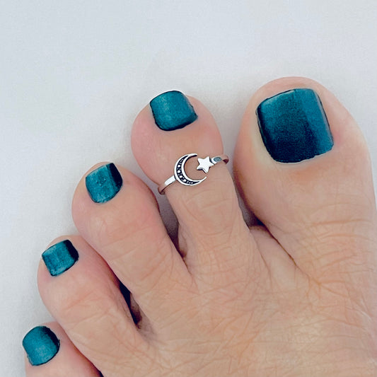 925 Sterling Silver Crescent Moon and Star Toe Ring | Celestial Midi Pinky Rings