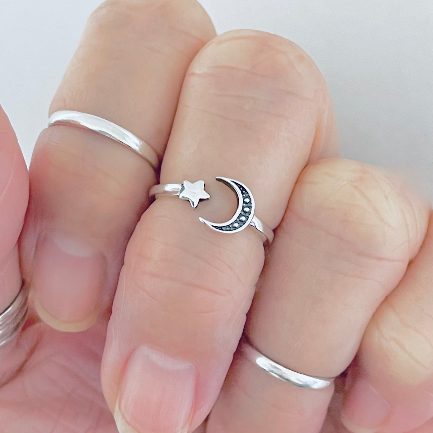 925 Sterling Silver Crescent Moon and Star Toe Ring | Celestial Midi Pinky Rings