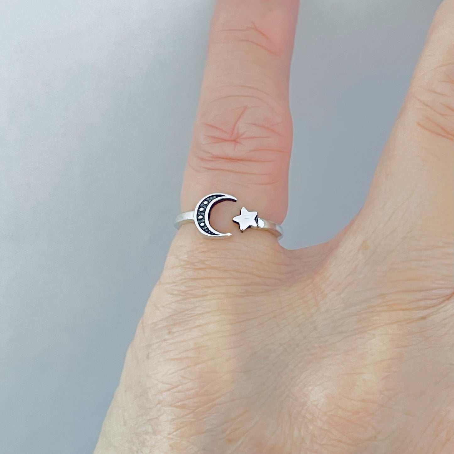 925 Sterling Silver Crescent Moon and Star Toe Ring | Celestial Midi Pinky Rings
