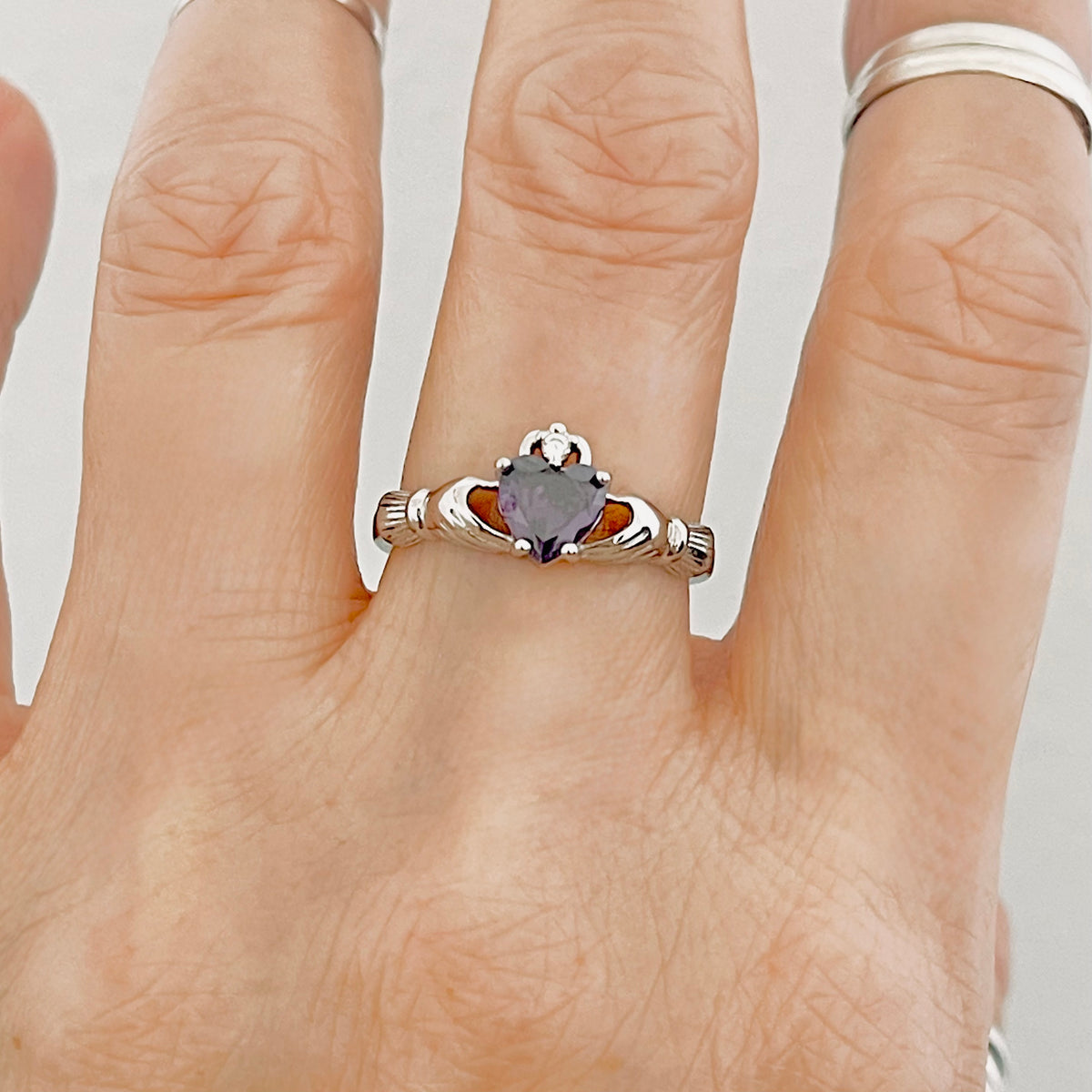 925 Sterling Silver Amethyst CZ Heart Irish Claddagh Ring | February Birthstone Silver Rings