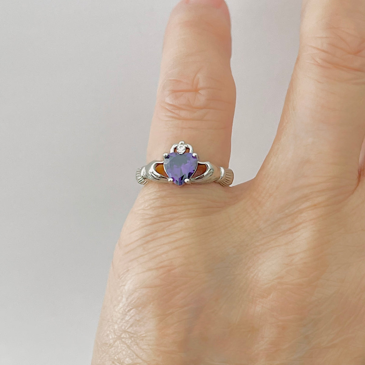 925 Sterling Silver Amethyst CZ Heart Irish Claddagh Ring | February Birthstone Silver Rings
