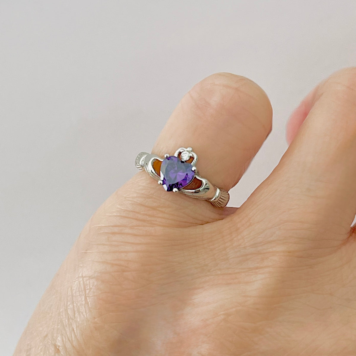 925 Sterling Silver Amethyst CZ Heart Irish Claddagh Ring | February Birthstone Silver Rings