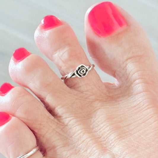 Sterling Silver Rose Toe Ring, Flower Rings, Stem Roses, Love Flowers