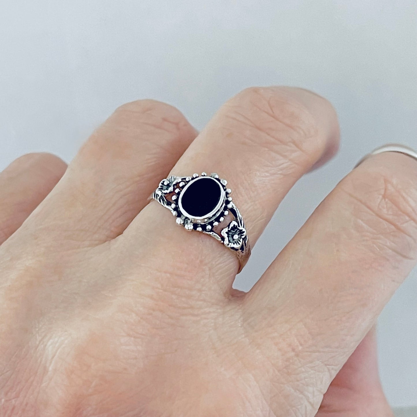 Sterling Silver Flower and Black Onyx Ring, Stone Silver Rings