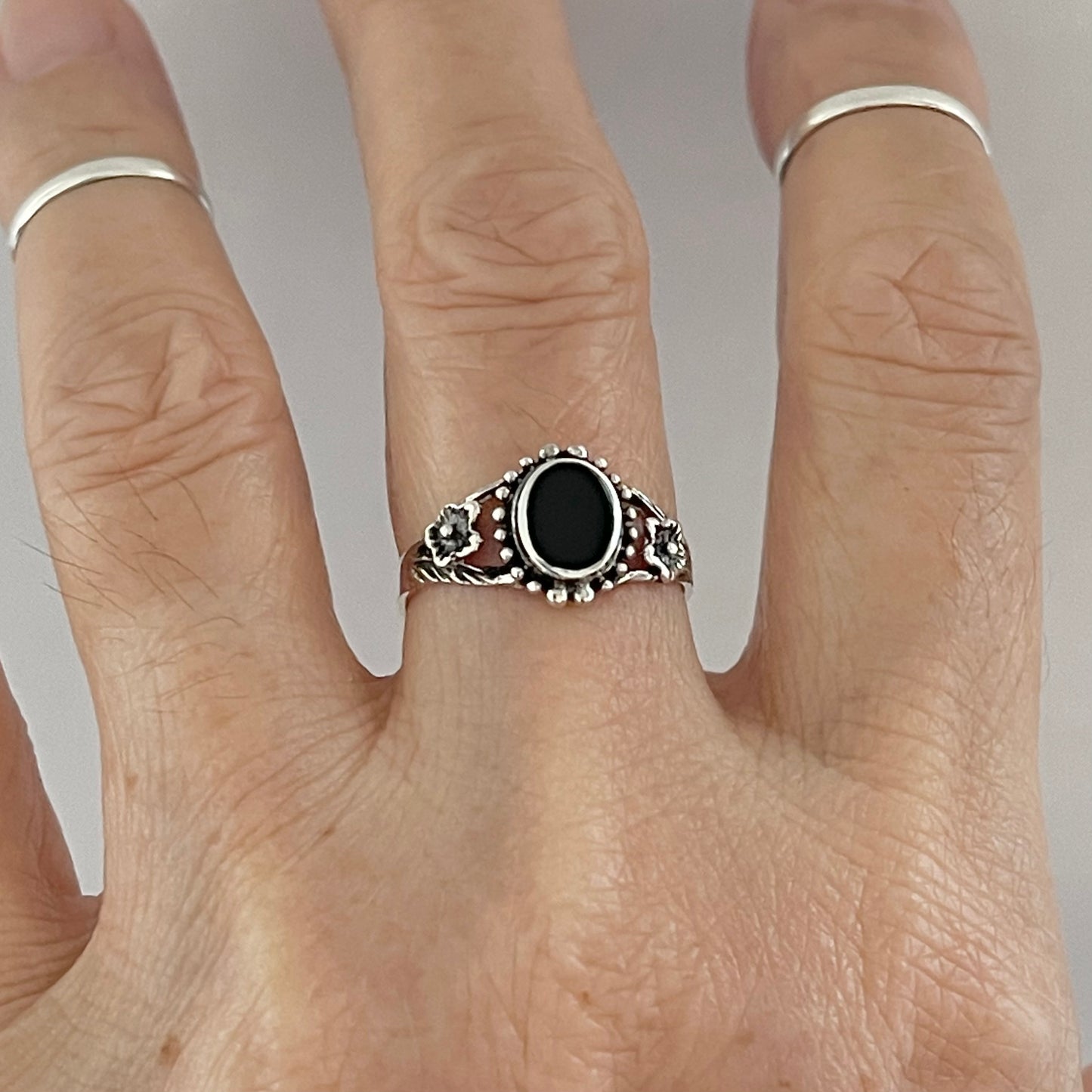 Sterling Silver Flower and Black Onyx Ring, Stone Silver Rings