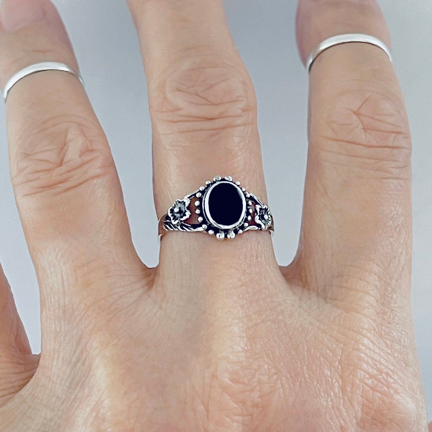 Sterling Silver Flower and Black Onyx Ring, Stone Silver Rings