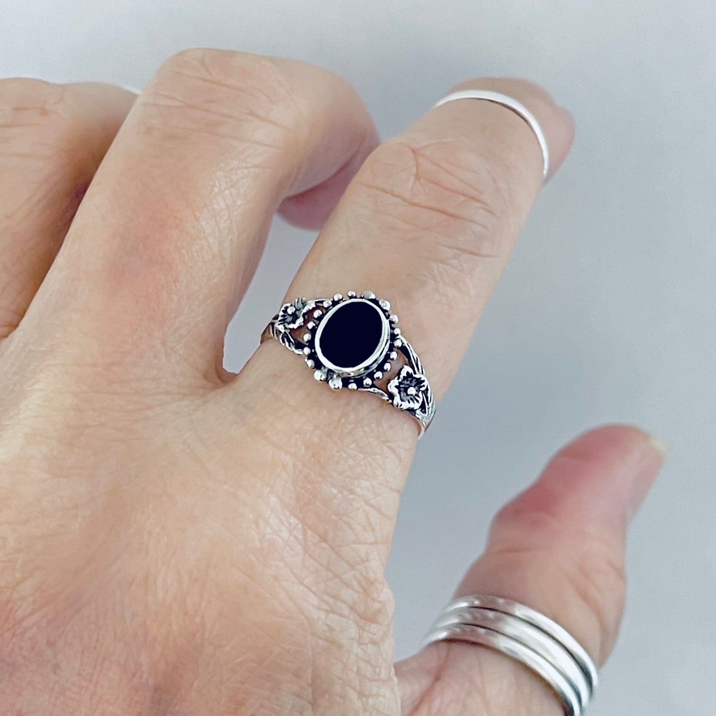 Sterling Silver Flower and Black Onyx Ring, Stone Silver Rings