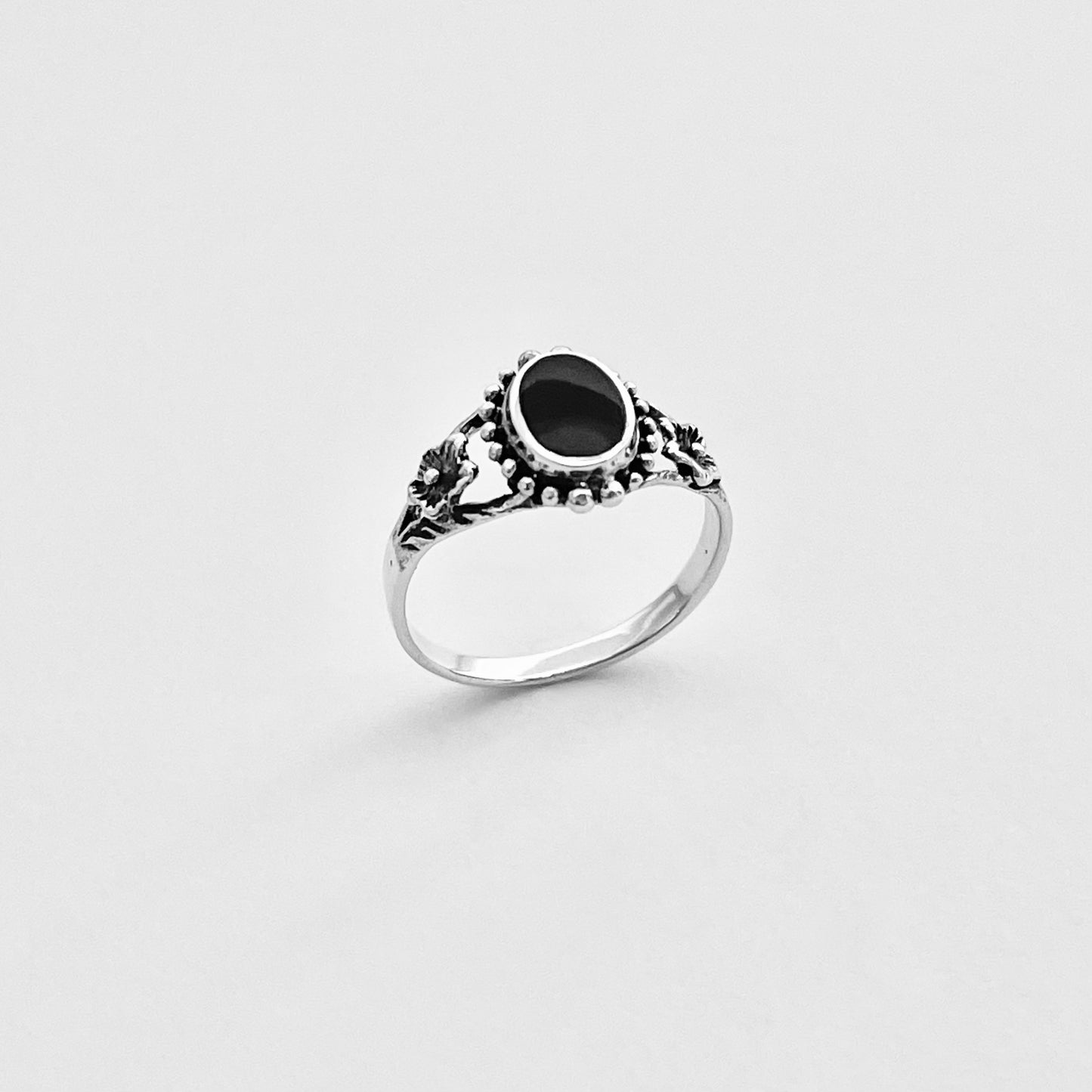 Sterling Silver Flower and Black Onyx Ring, Stone Silver Rings