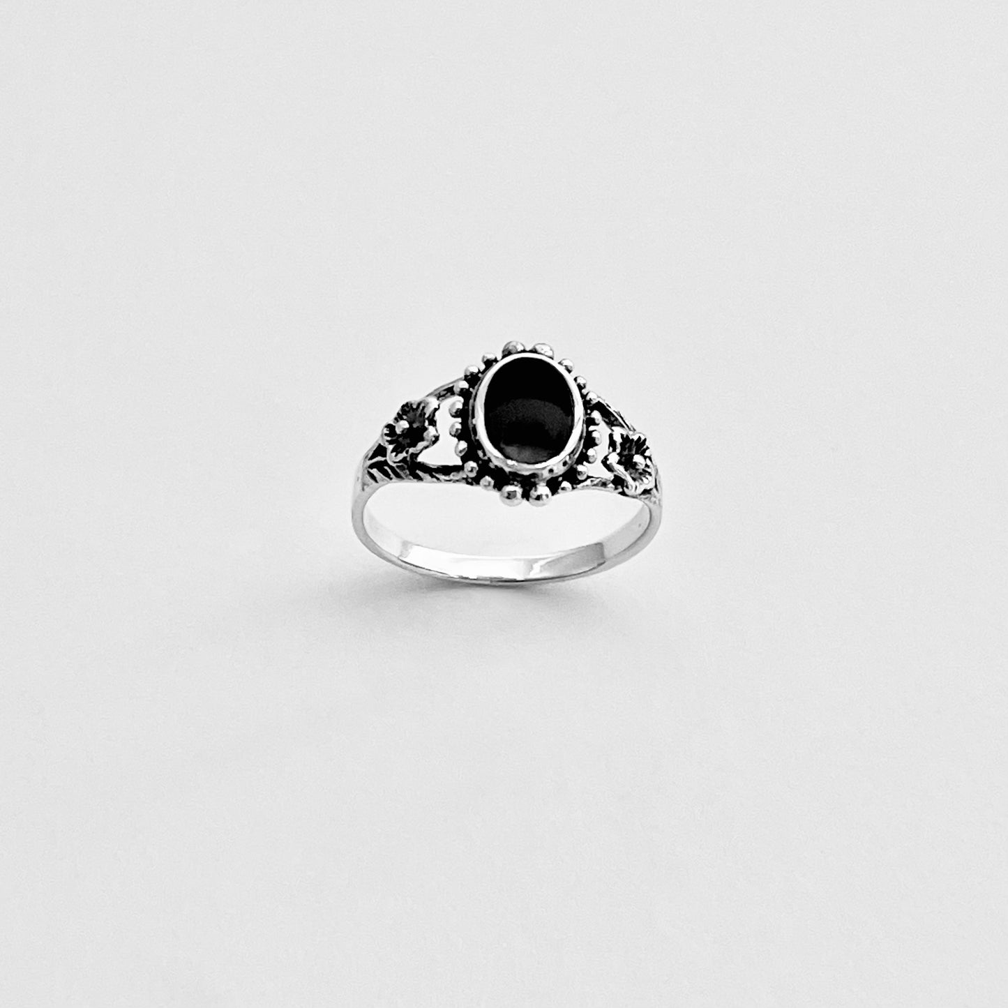 Sterling Silver Flower and Black Onyx Ring, Stone Silver Rings