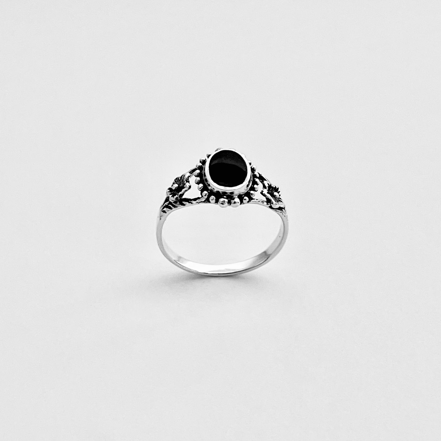 Sterling Silver Flower and Black Onyx Ring, Stone Silver Rings