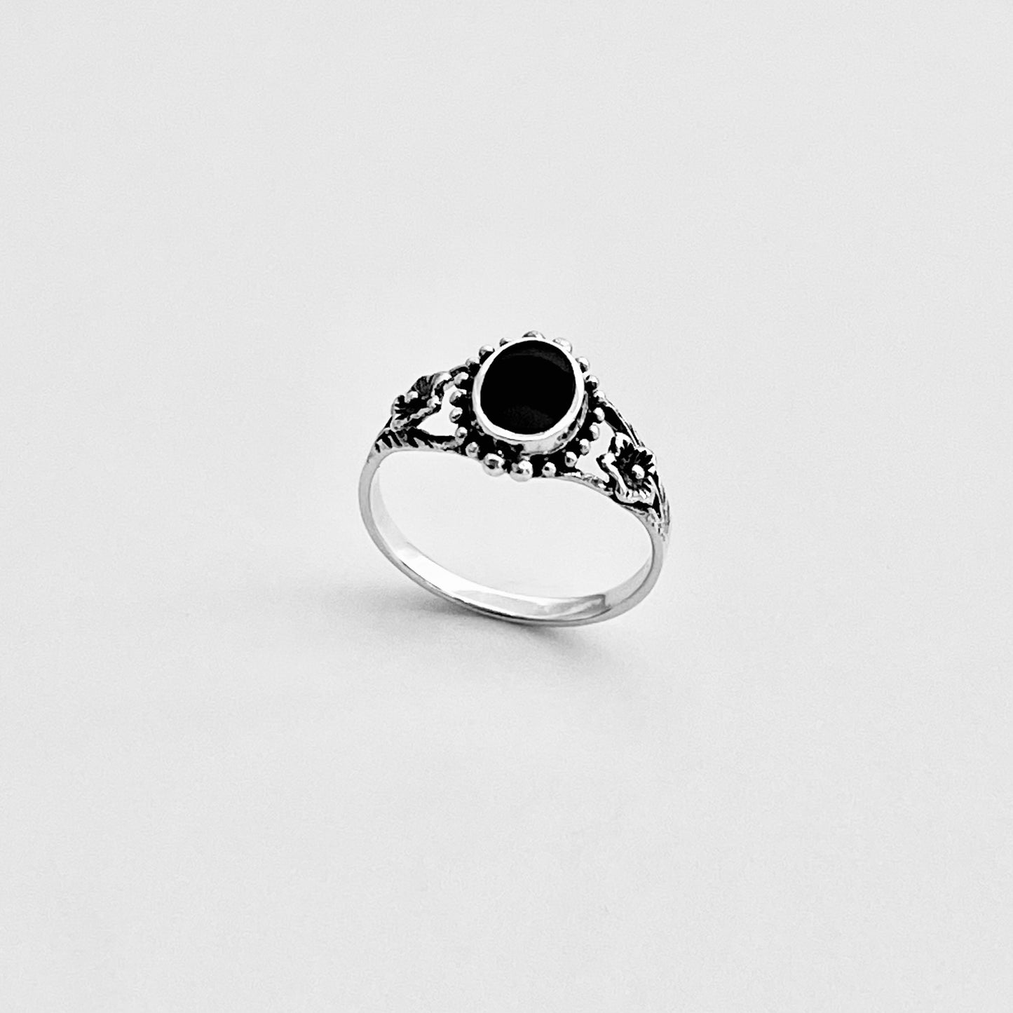 Sterling Silver Flower and Black Onyx Ring, Stone Silver Rings