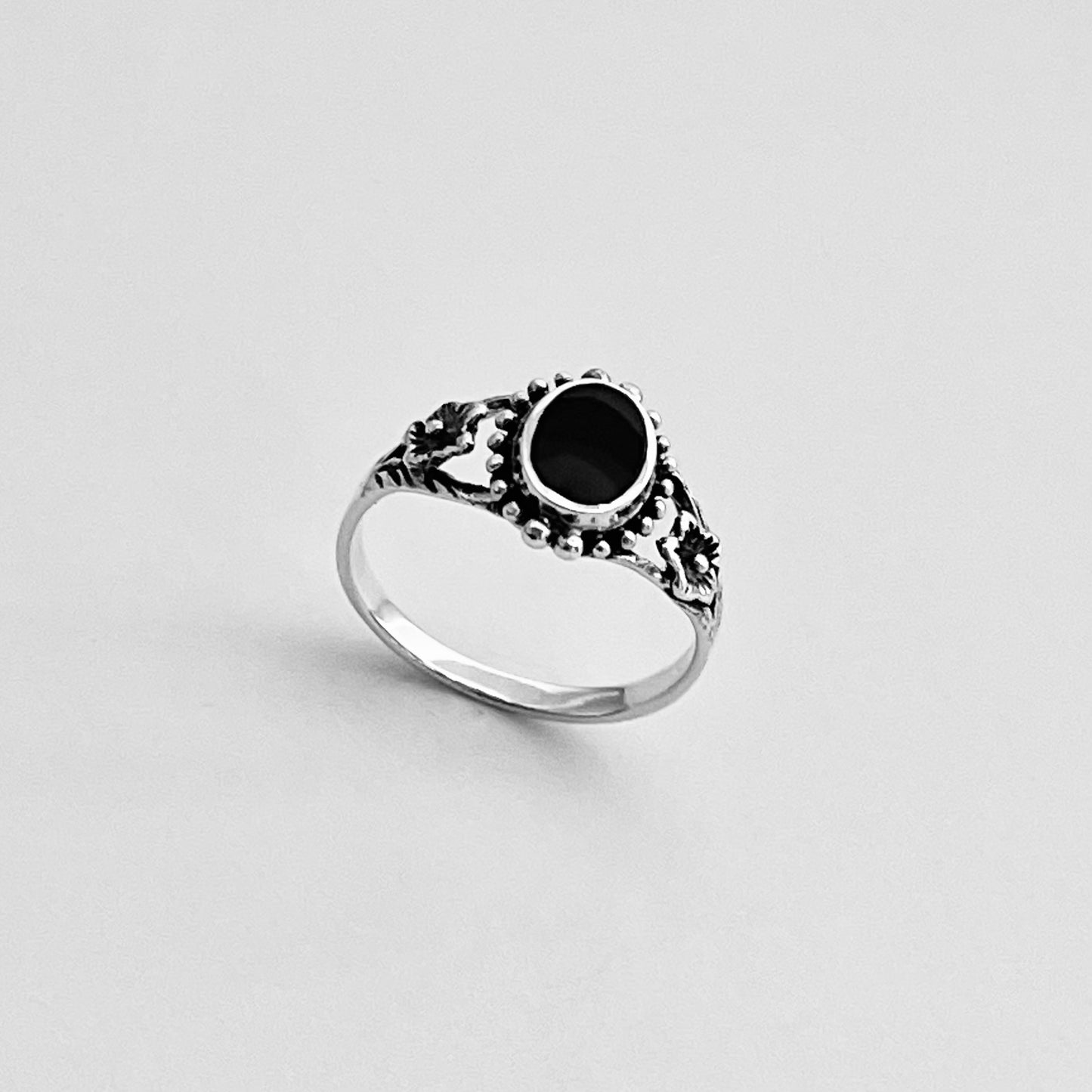 Sterling Silver Flower and Black Onyx Ring, Stone Silver Rings