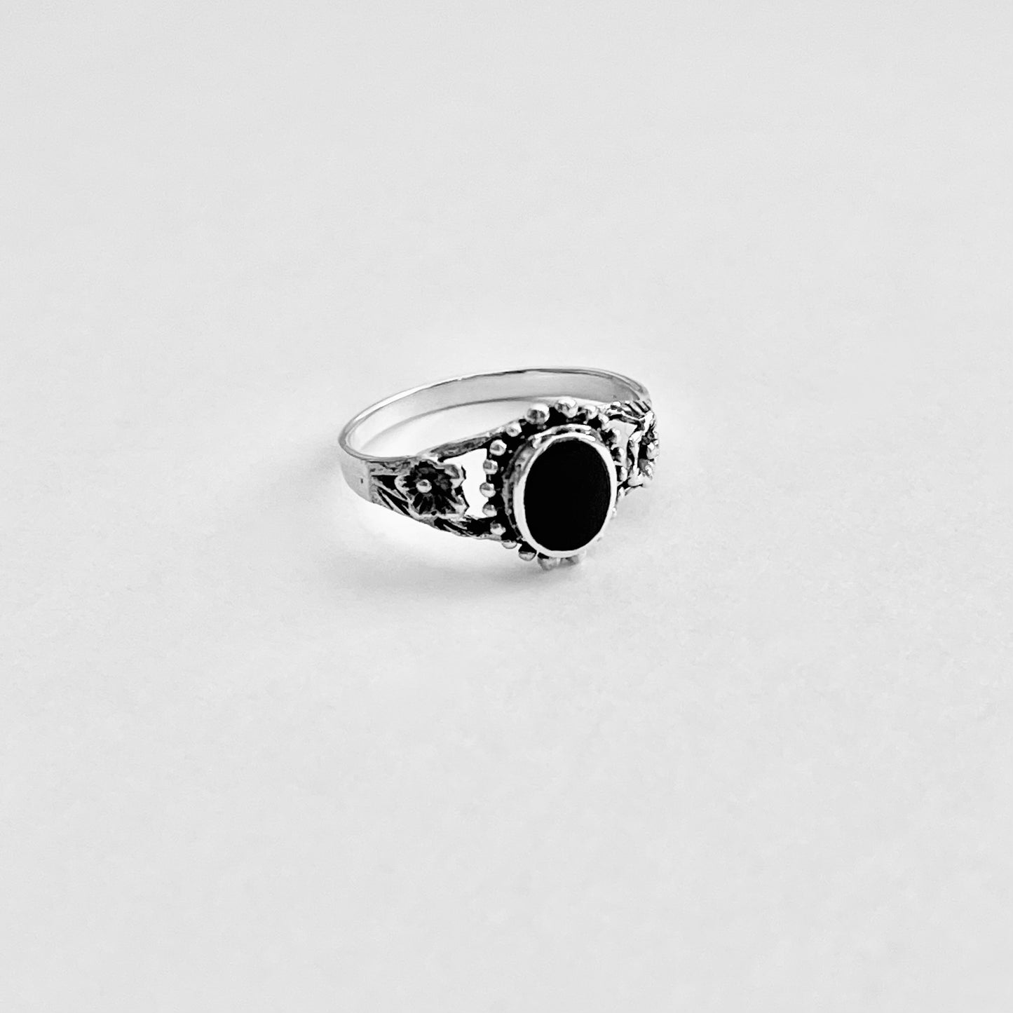 Sterling Silver Flower and Black Onyx Ring, Stone Silver Rings