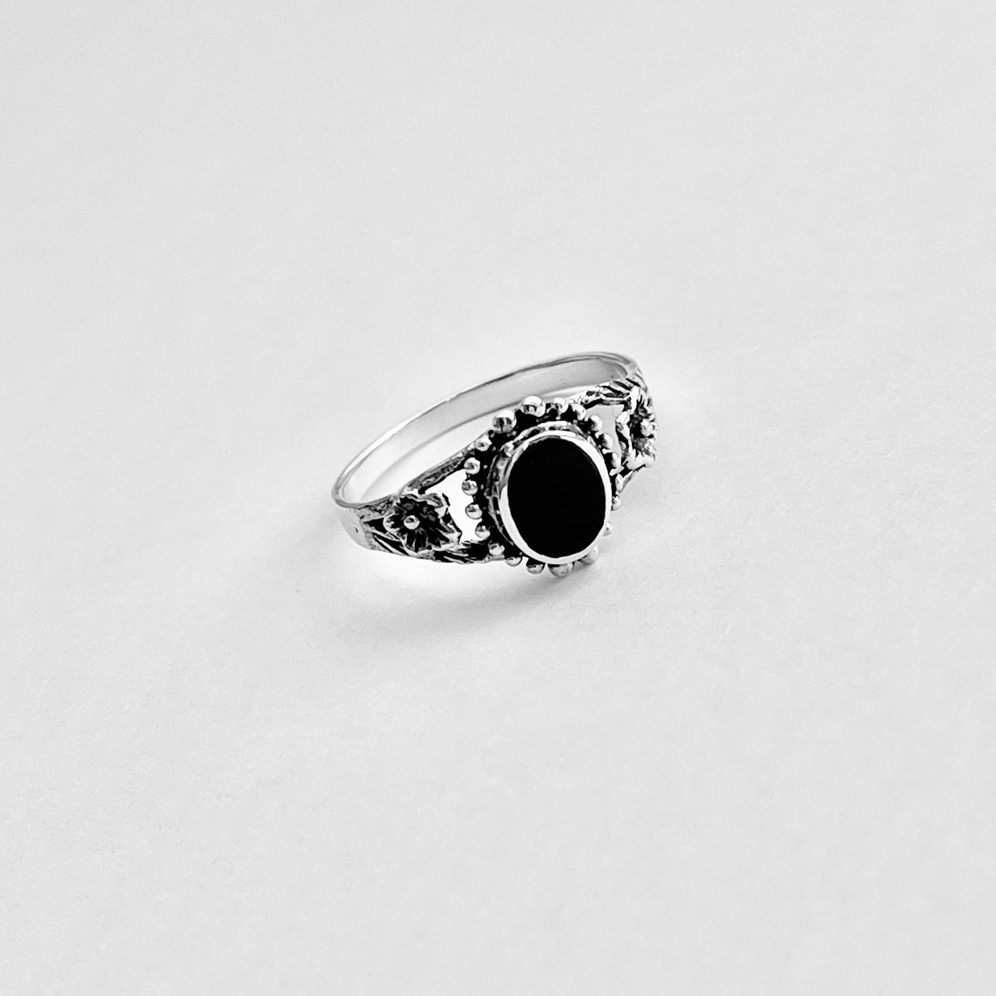 Sterling Silver Flower and Black Onyx Ring, Stone Silver Rings