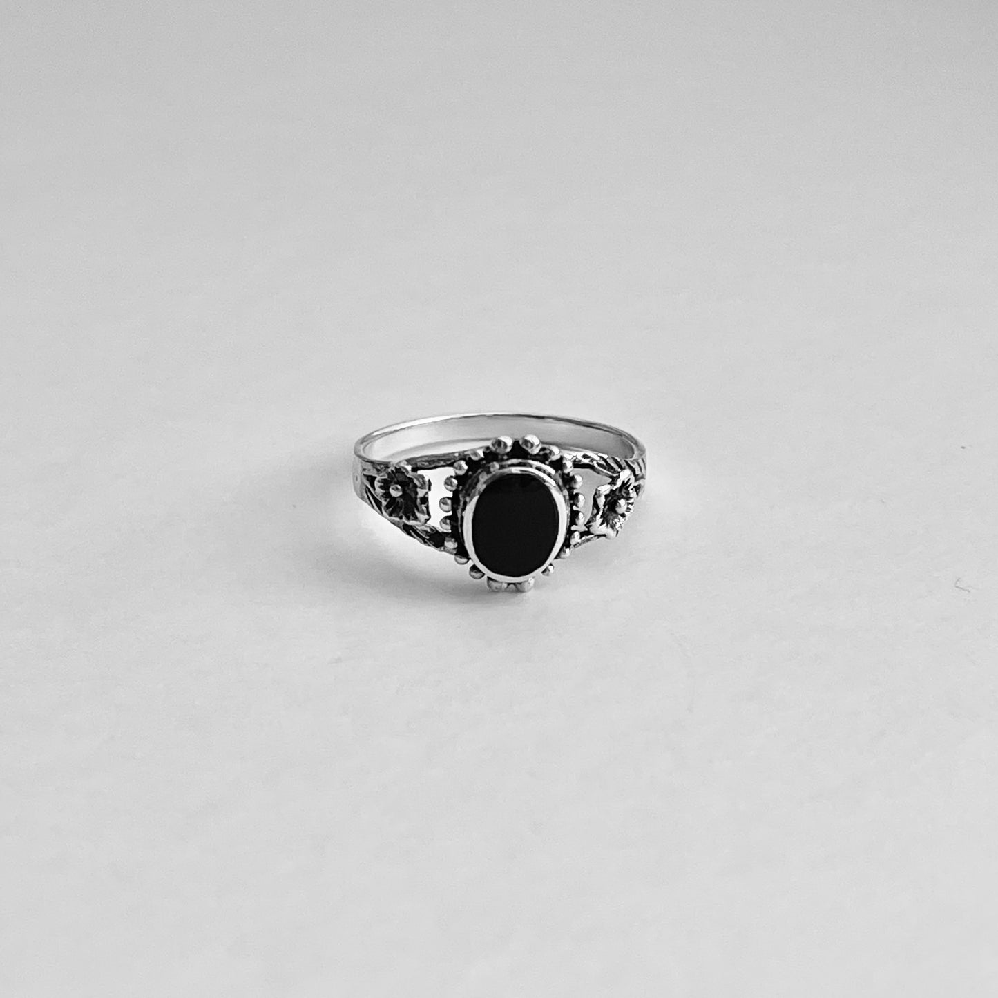 Sterling Silver Flower and Black Onyx Ring, Stone Silver Rings