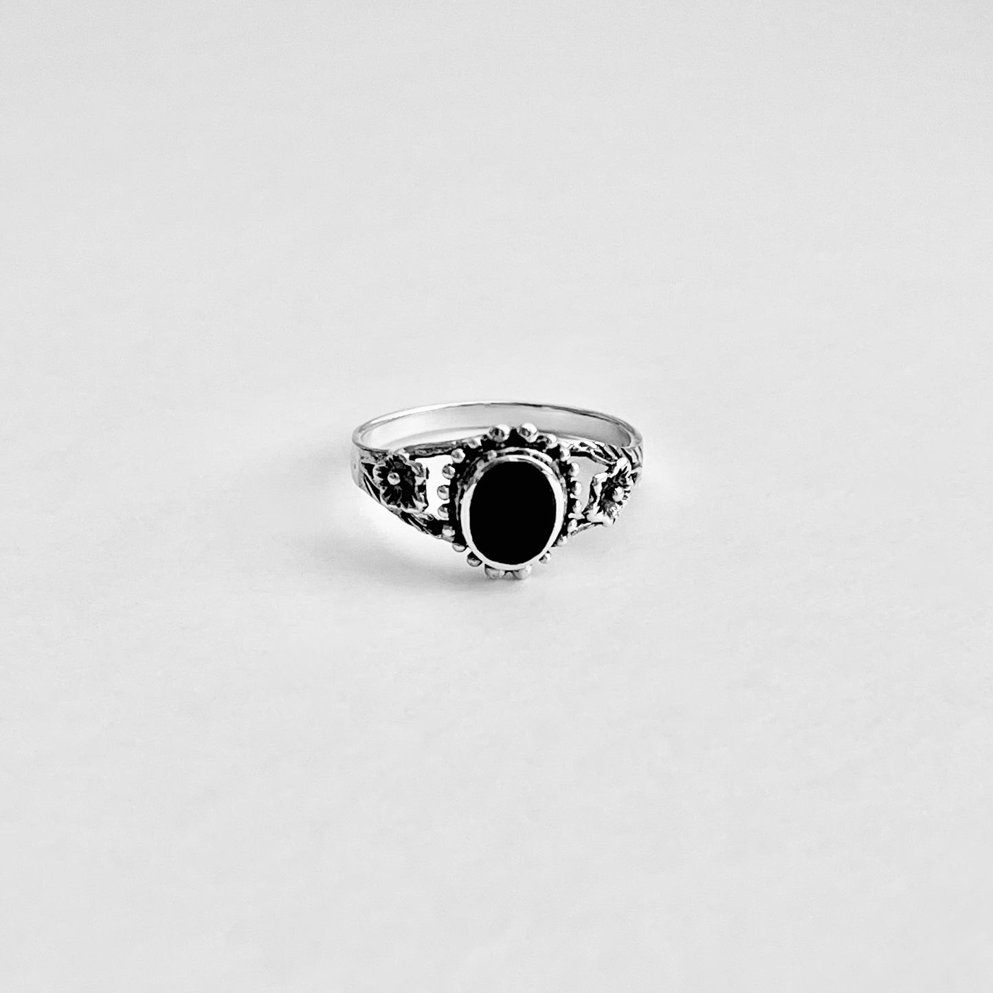 Sterling Silver Flower and Black Onyx Ring, Stone Silver Rings