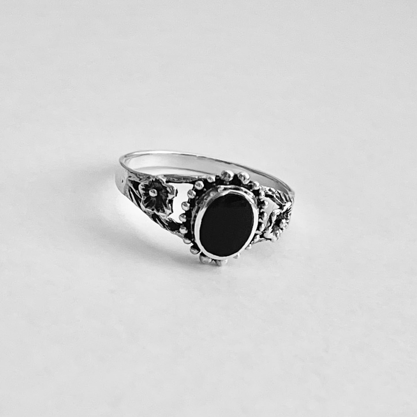 Sterling Silver Flower and Black Onyx Ring, Stone Silver Rings