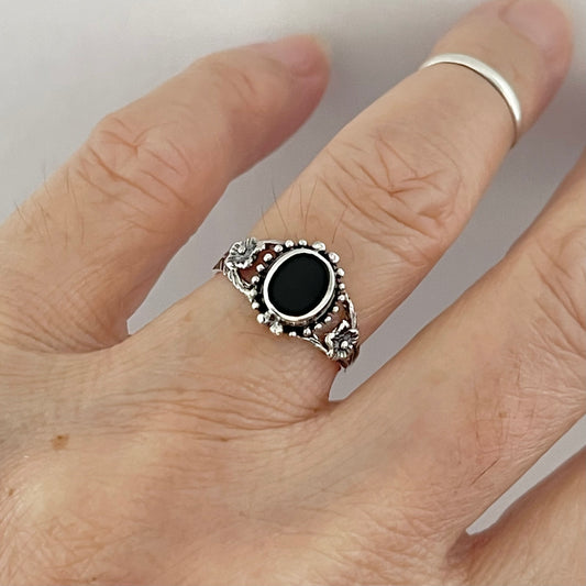 Sterling Silver Flower and Black Onyx Ring, Stone Silver Rings