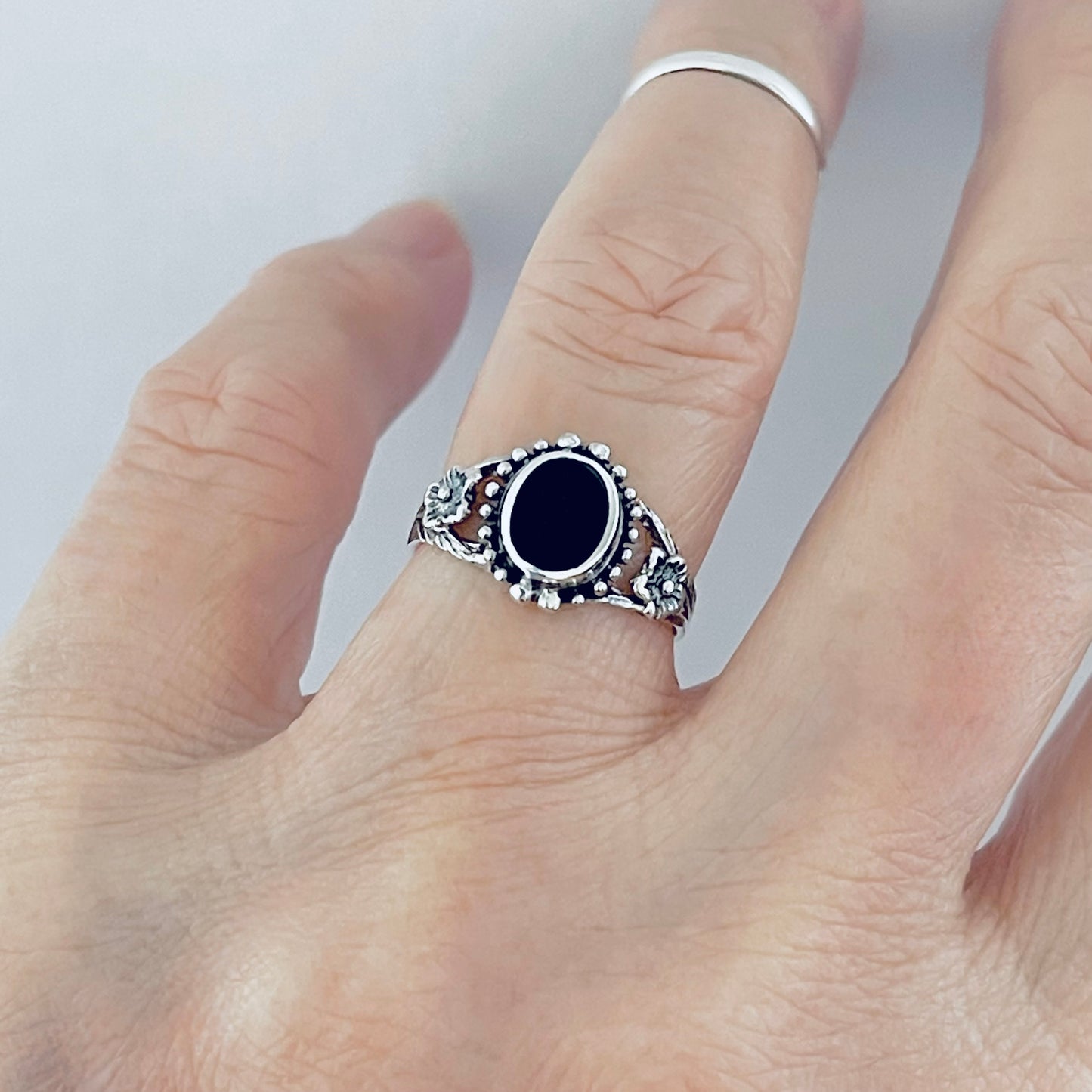 Sterling Silver Flower and Black Onyx Ring, Stone Silver Rings