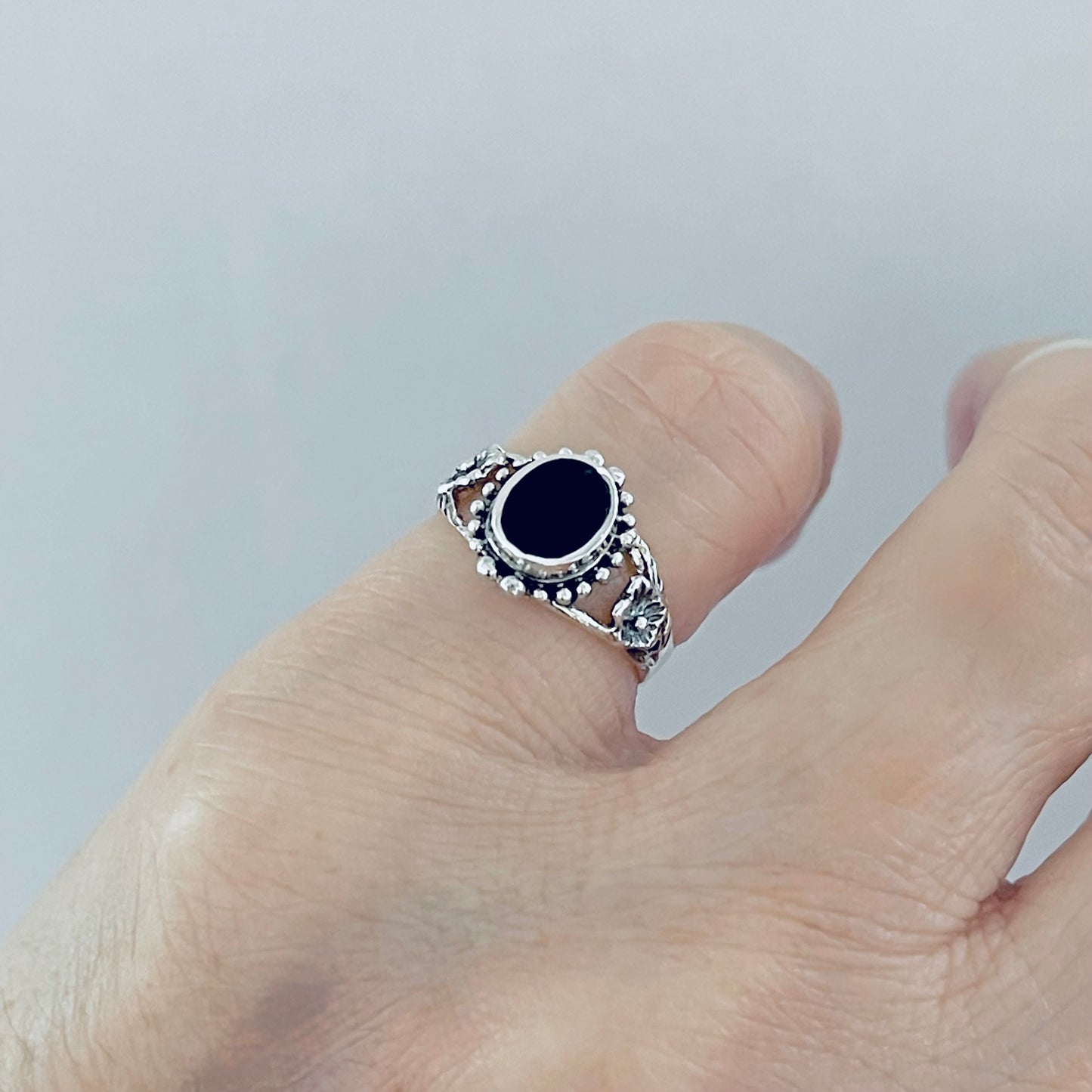 Sterling Silver Flower and Black Onyx Ring, Stone Silver Rings