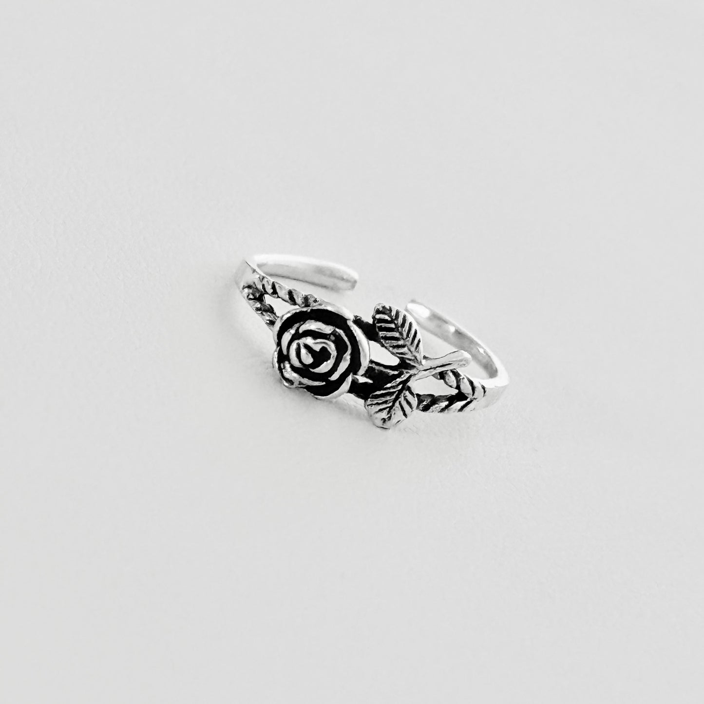 Sterling Silver Dainty Rose Toe Ring with Leaves – Flower Midi Pinky Silver Rings