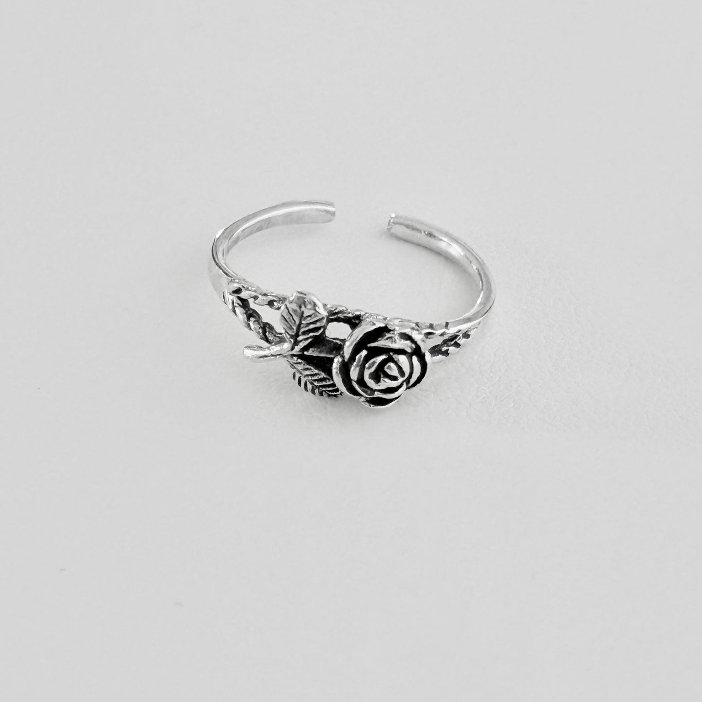 Sterling Silver Dainty Rose Toe Ring with Leaves – Flower Midi Pinky Silver Rings