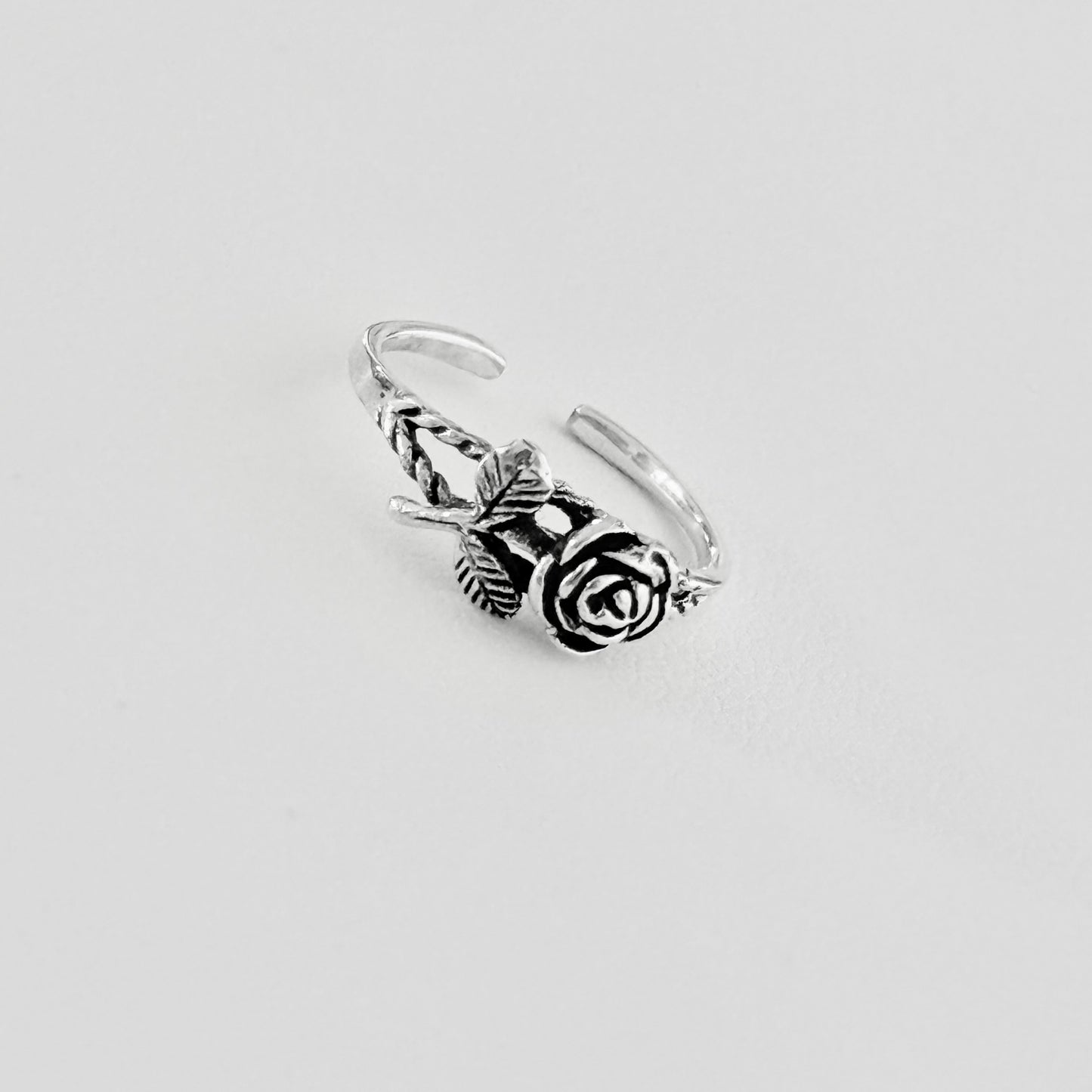 Sterling Silver Dainty Rose Toe Ring with Leaves – Flower Midi Pinky Silver Rings