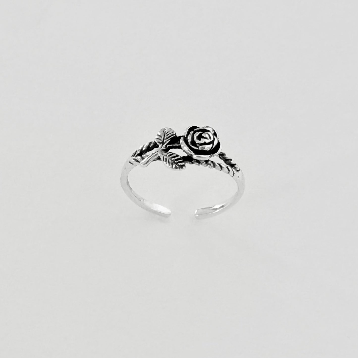 Sterling Silver Dainty Rose Toe Ring with Leaves – Flower Midi Pinky Silver Rings