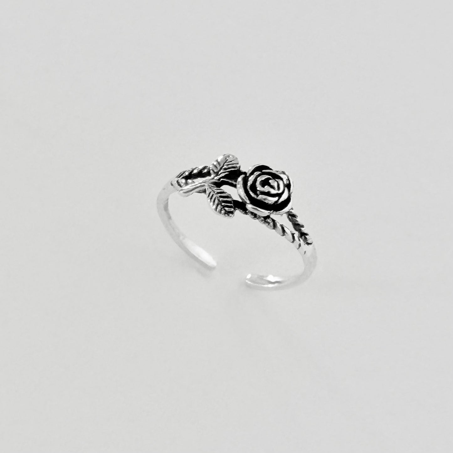 Sterling Silver Dainty Rose Toe Ring with Leaves – Flower Midi Pinky Silver Rings