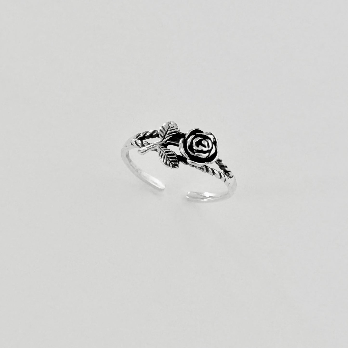 Sterling Silver Dainty Rose Toe Ring with Leaves – Flower Midi Pinky Silver Rings