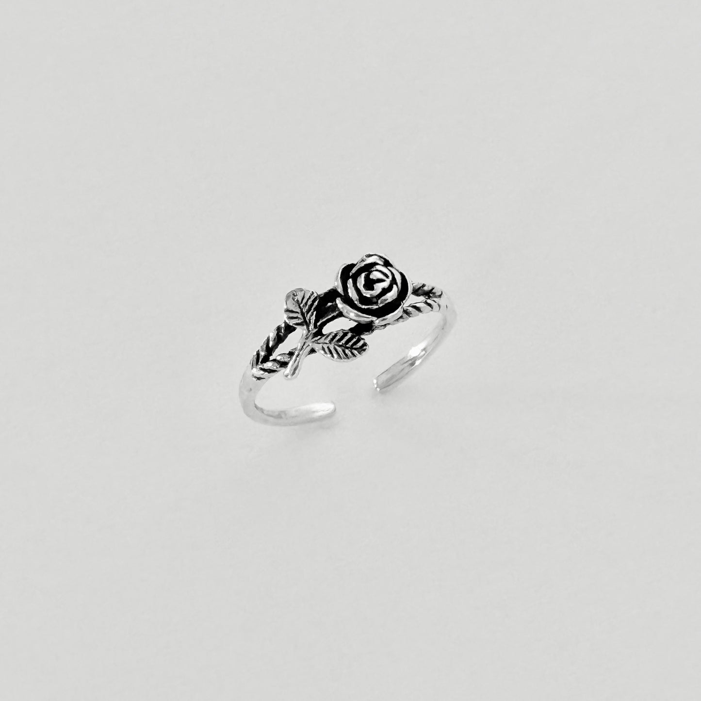 Sterling Silver Dainty Rose Toe Ring with Leaves – Flower Midi Pinky Silver Rings