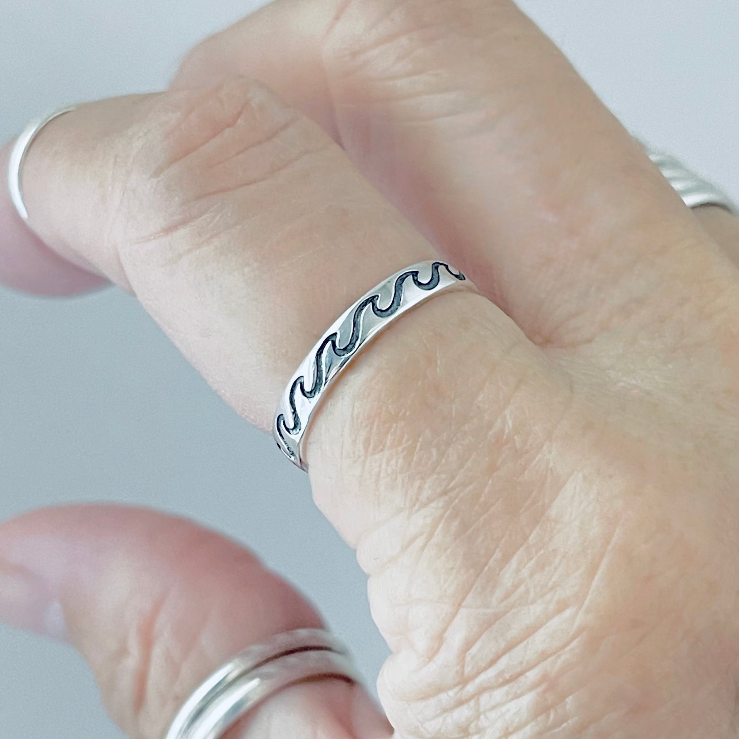 Sterling Silver Thin Eternity Wave Band – Ocean Surfer Stackable Silver Rings