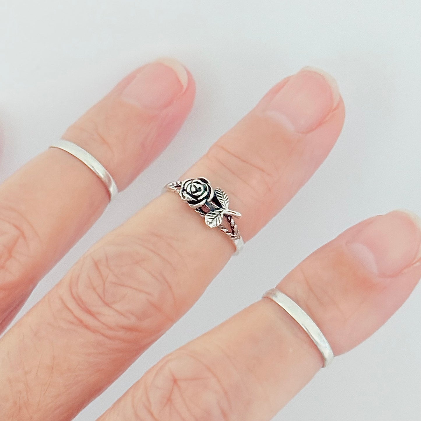 Sterling Silver Dainty Rose Toe Ring with Leaves – Flower Midi Pinky Silver Rings