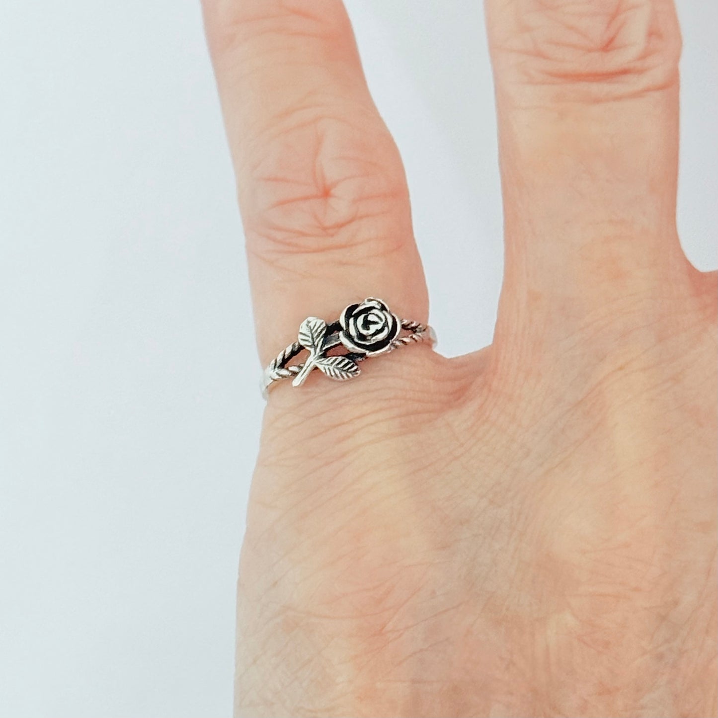 Sterling Silver Dainty Rose Toe Ring with Leaves – Flower Midi Pinky Silver Rings