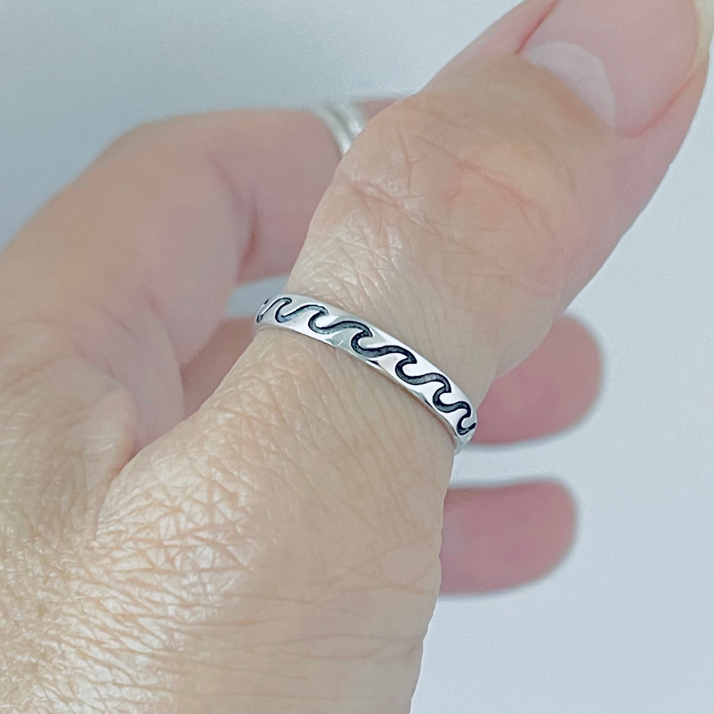 Sterling Silver Thin Eternity Wave Band – Ocean Surfer Stackable Silver Rings