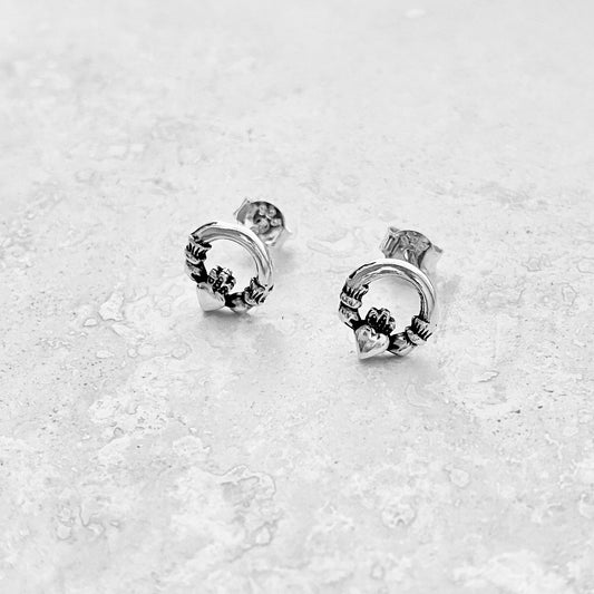 Sterling Silver Irish Claddagh Stud Earring, Little Heart Crown Silver Earrings