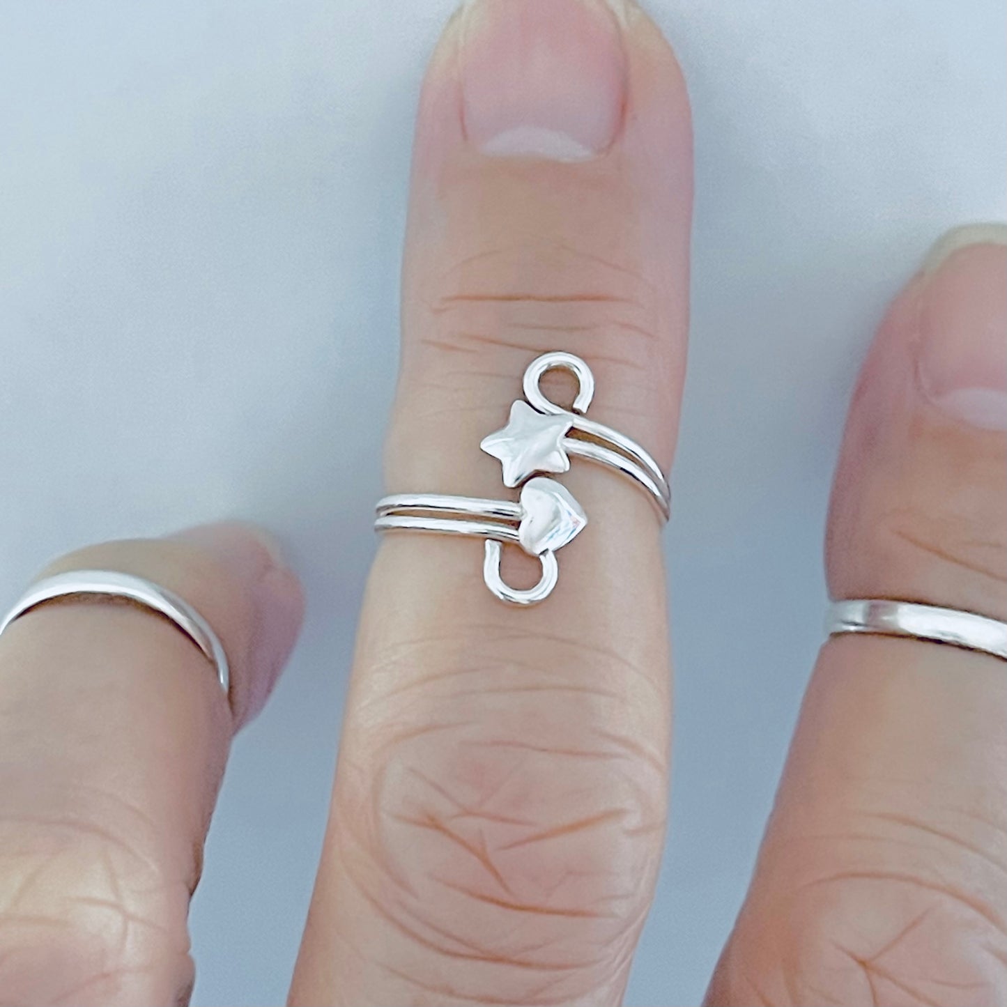 Sterling Silver Wire Heart and Star Toe Ring | Delicate Swirl Celestial Silver Rings