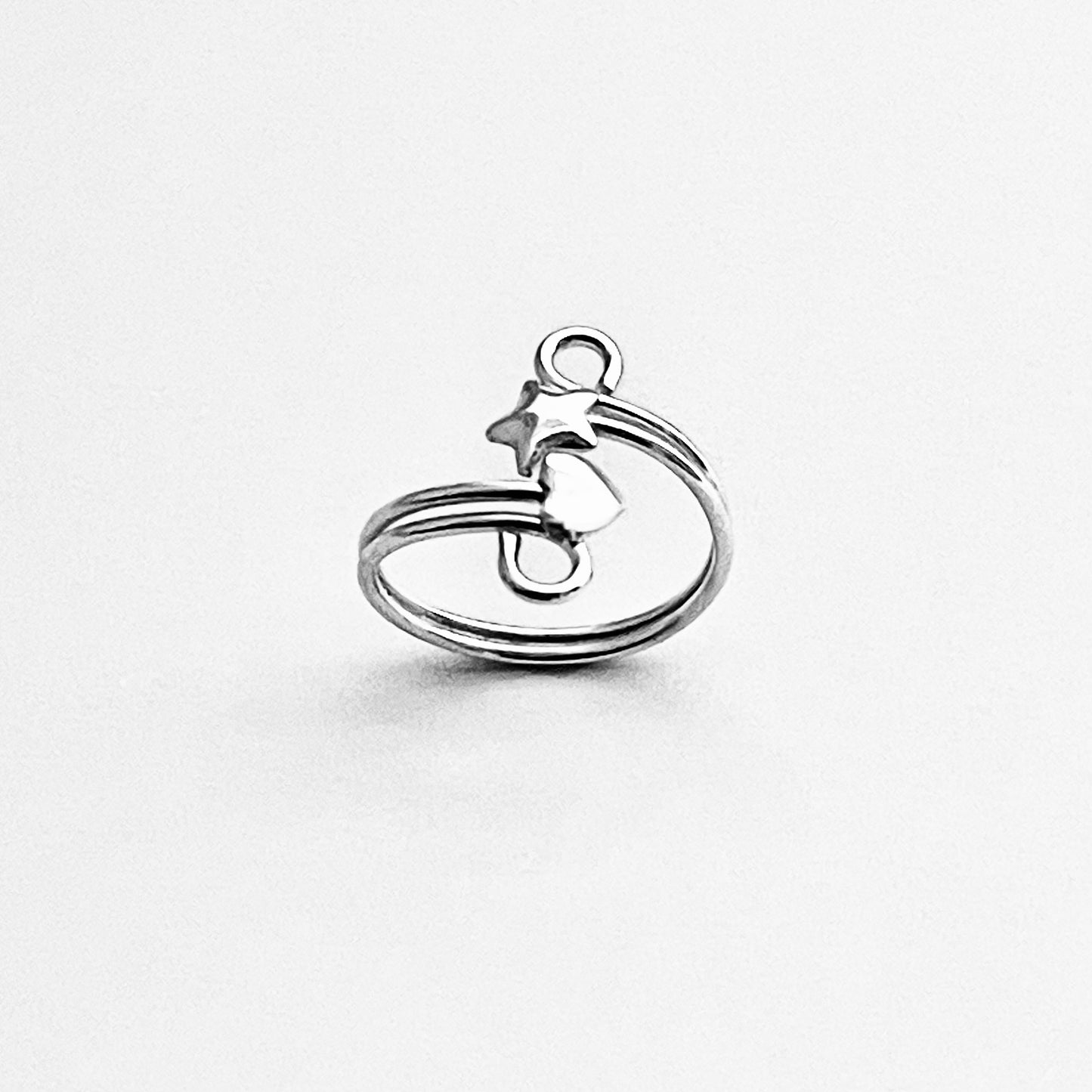 Sterling Silver Wire Heart and Star Toe Ring | Delicate Swirl Celestial Silver Rings
