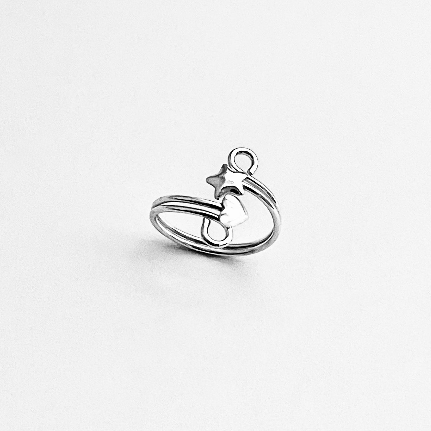 Sterling Silver Wire Heart and Star Toe Ring | Delicate Swirl Celestial Silver Rings
