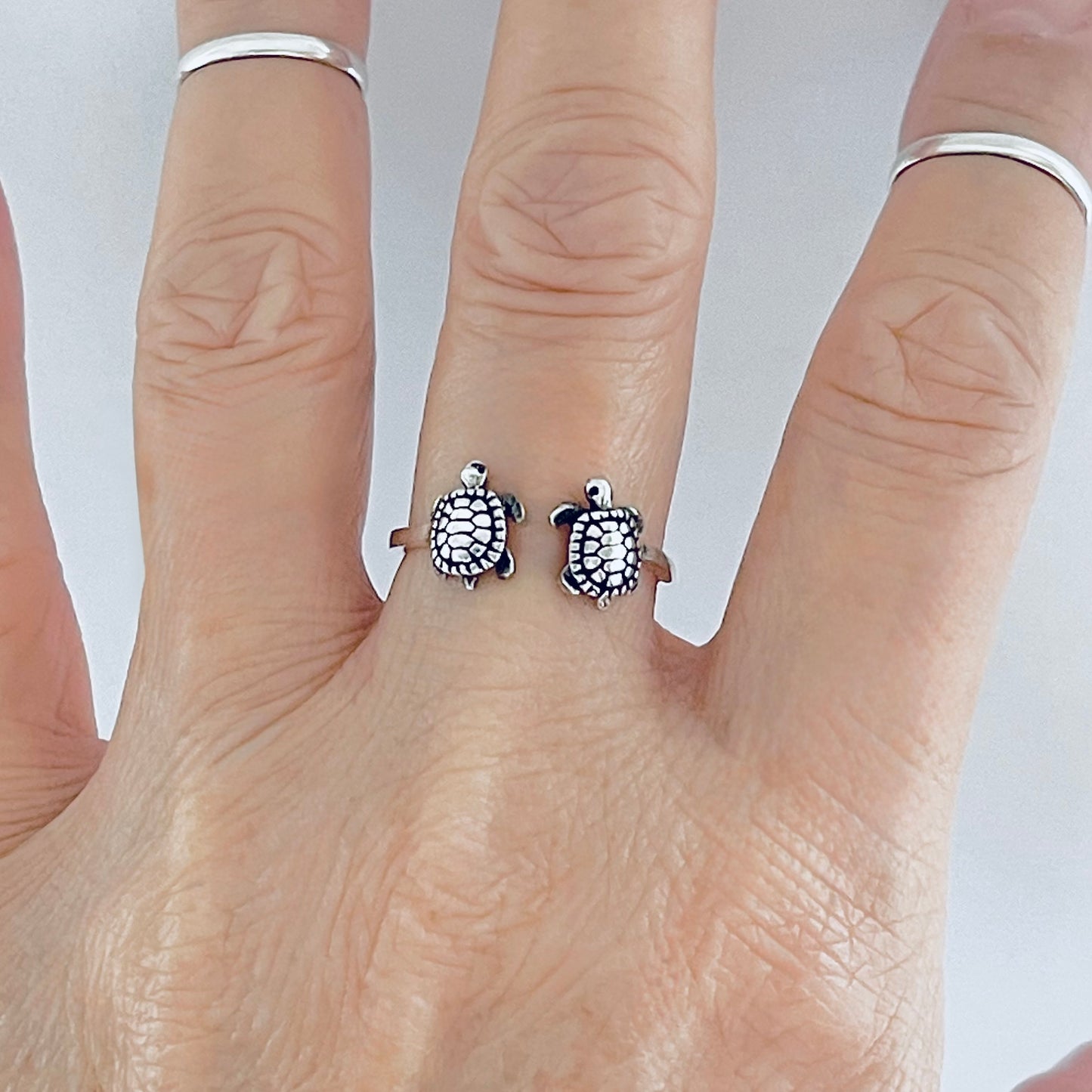 Sterling Silver Twins Turtle Ring, Sea Animals, Ocean Jewelry