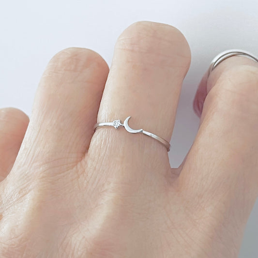 925 Sterling Silver Tiny Crescent Moon & CZ Star Ring | Dainty Delicate Celestial Silver Rings